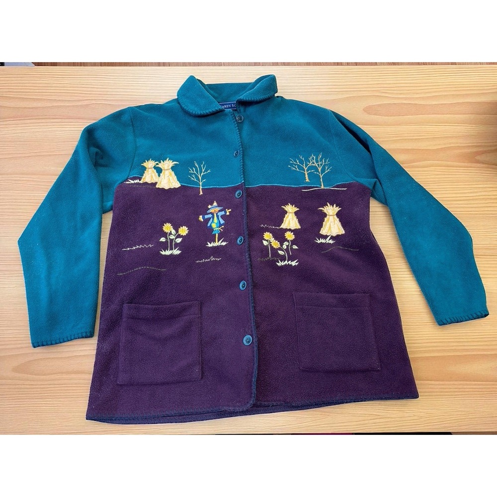 Vintage Autumn Fleece Karen Scott Cardigan Jacket Med Scarecrow Fall Teal Purple